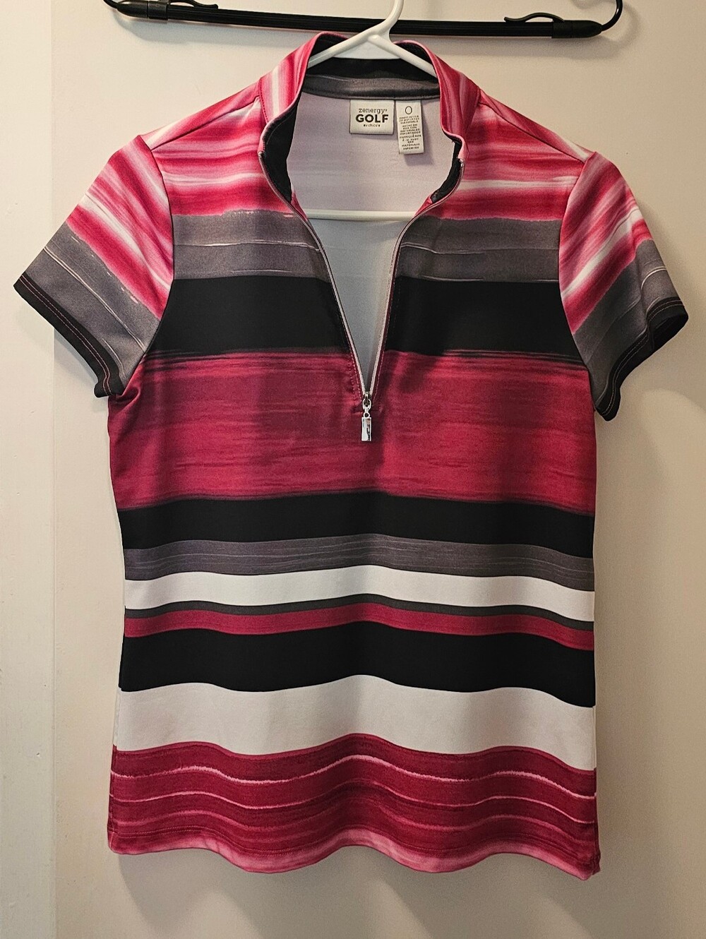 Chico's Zenergy Golf Pink, Black & White Striped Short-Sleeve Zip-Neck Polo Sm